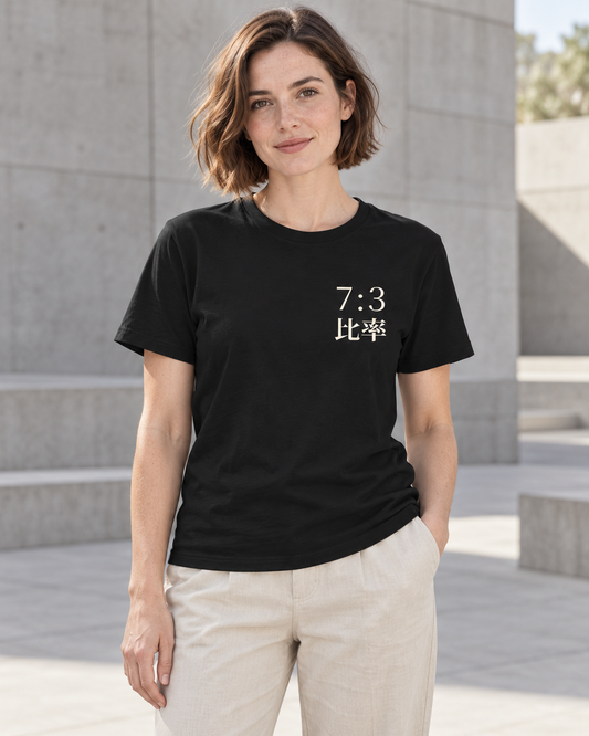 AI-generated lifestyle mockup of Seven Three Kanji Anime Soft Tee in black on an adult model