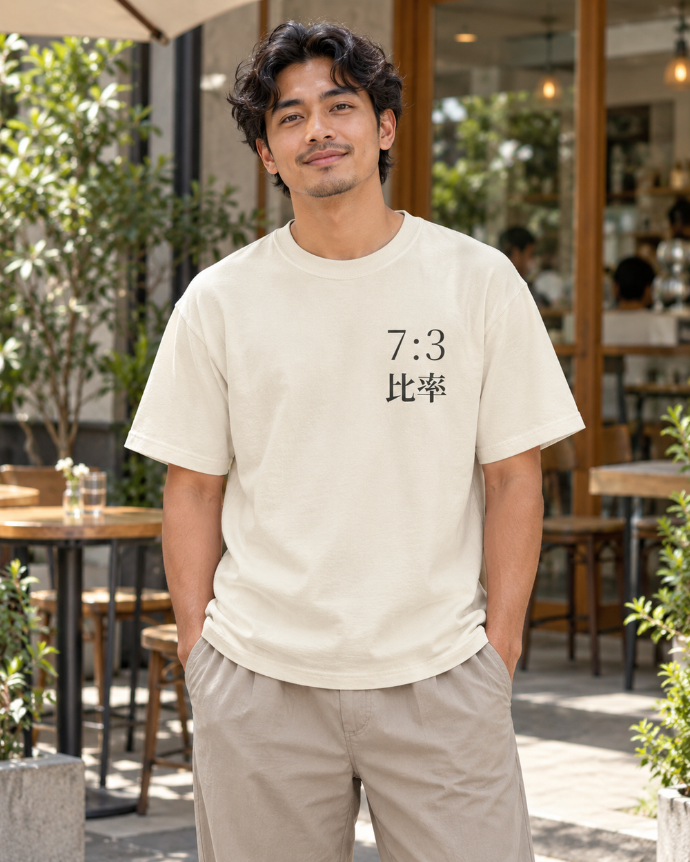AI-generated lifestyle mockup of Seven Three Kanji Anime Tee in ivory on an adult model