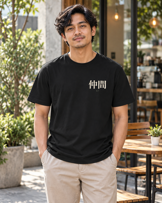 AI-generated lifestyle mockup of Seventh Lesson Kanji Anime Soft Tee in black on an adult model
