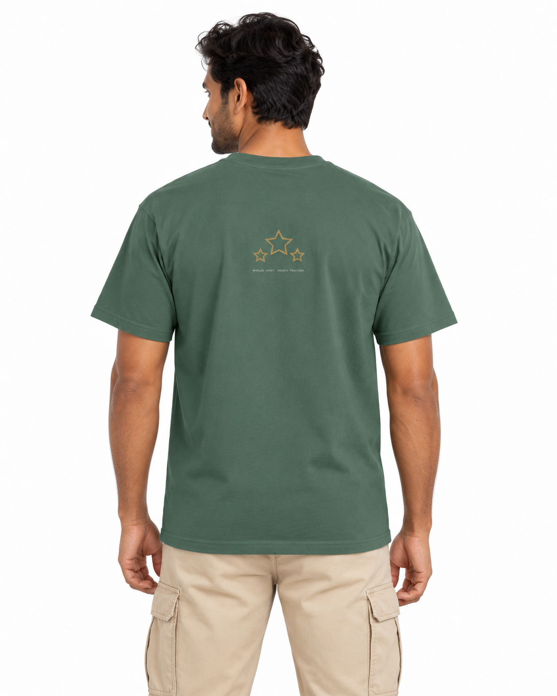 Shared Destiny heavyweight tee Blue Spruce — studio back lifestyle — back view
