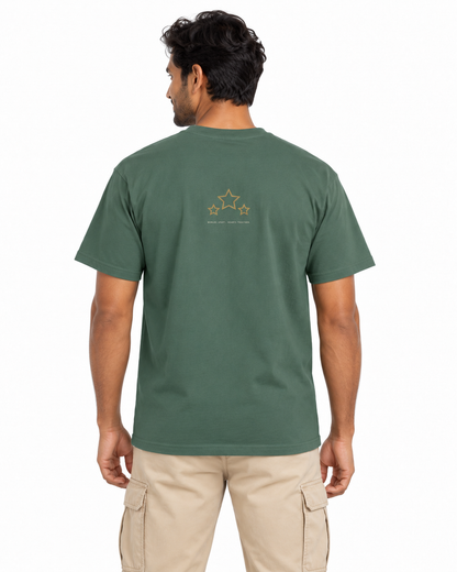 Shared Destiny heavyweight tee Blue Spruce — studio back lifestyle — back view