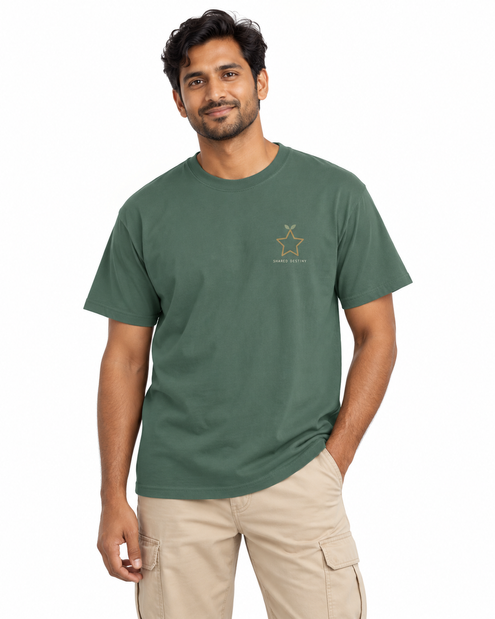 Shared Destiny heavyweight tee Blue Spruce — studio front lifestyle — front view