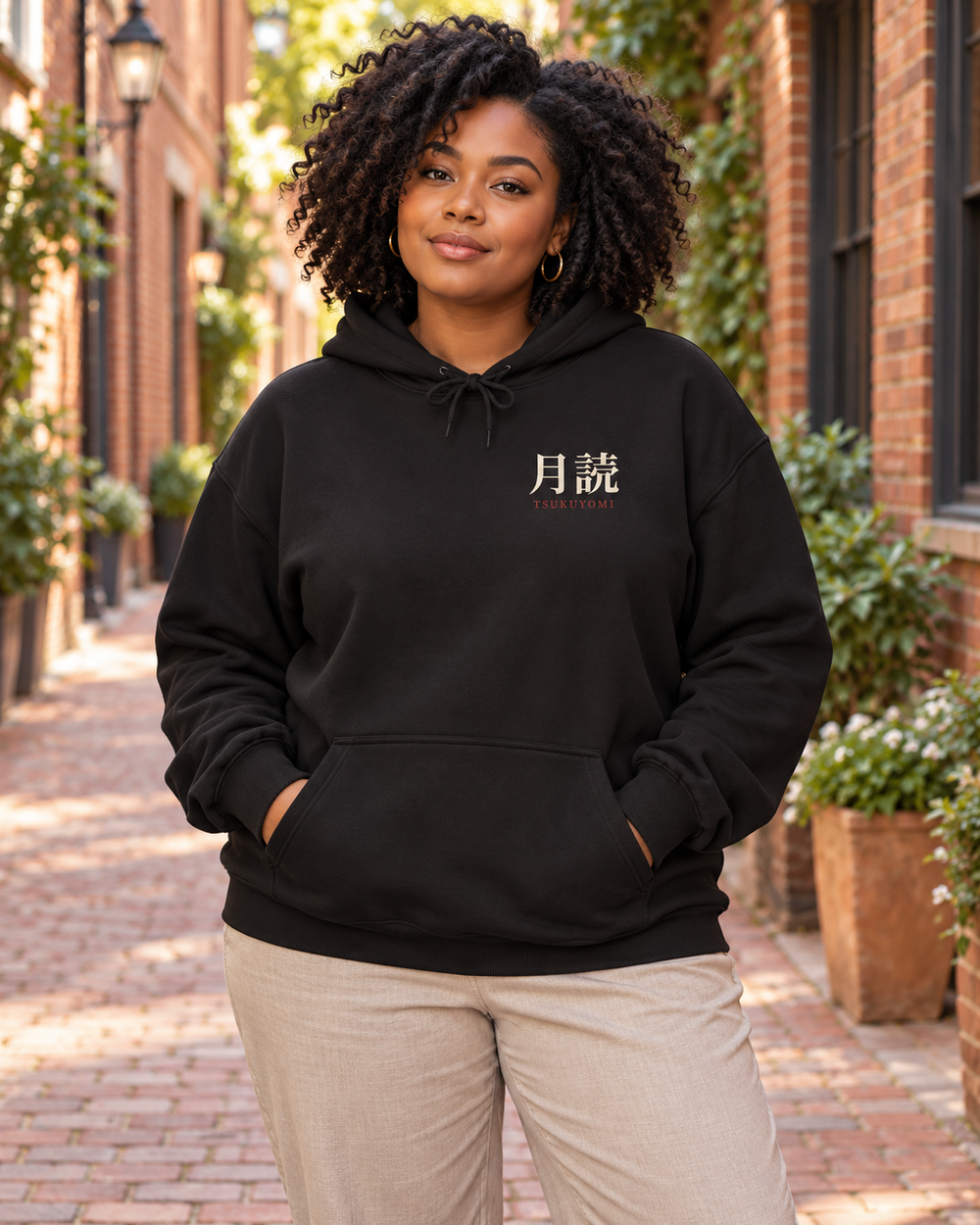 AI-generated lifestyle mockup of Silent Moon Kanji Anime Hoodie in black on an adult model