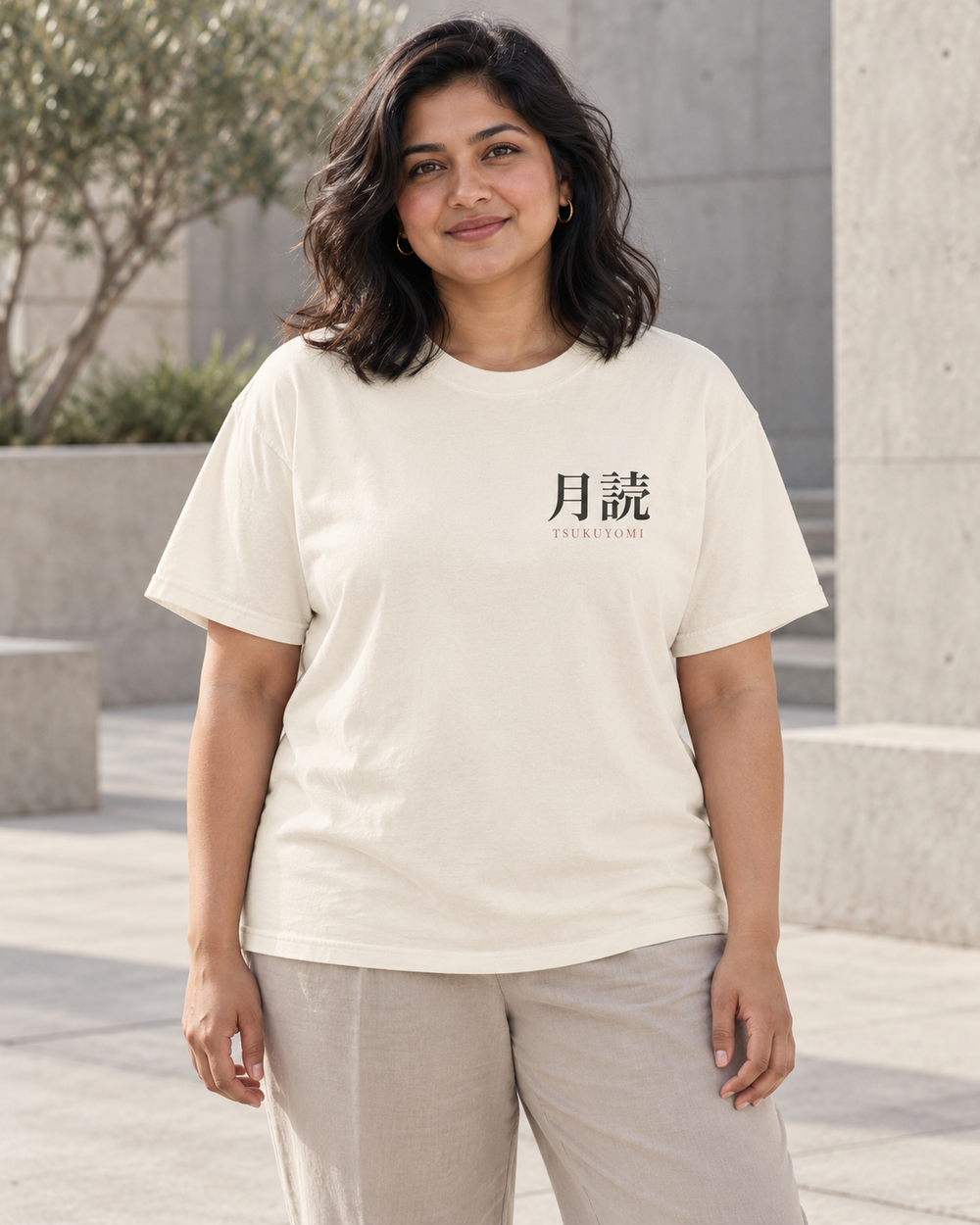 AI-generated lifestyle mockup of Silent Moon Kanji Anime Tee in ivory on an adult model