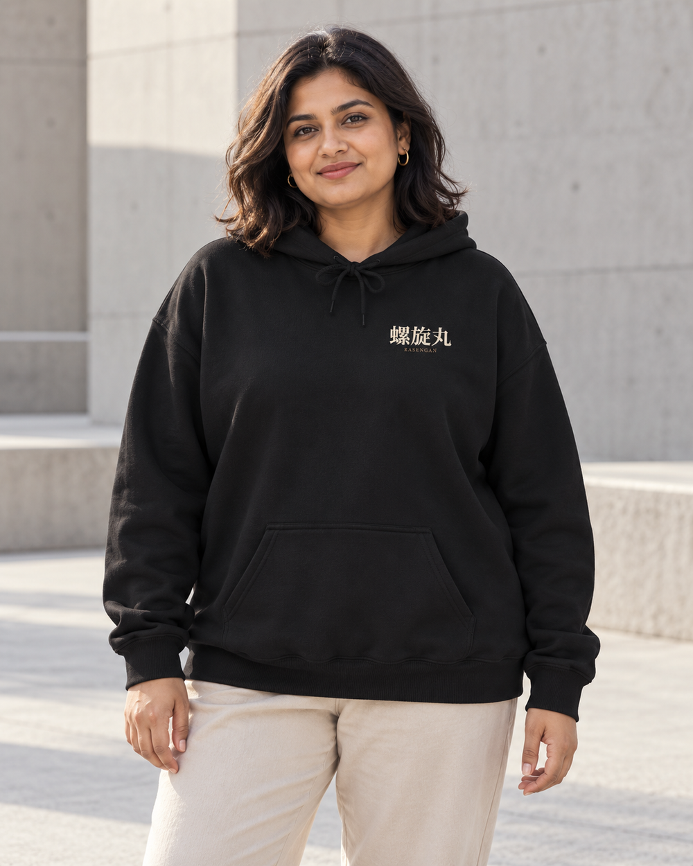 AI-generated lifestyle mockup of Spiral Will Quiet Edition Kanji Anime Hoodie in black on an adult model