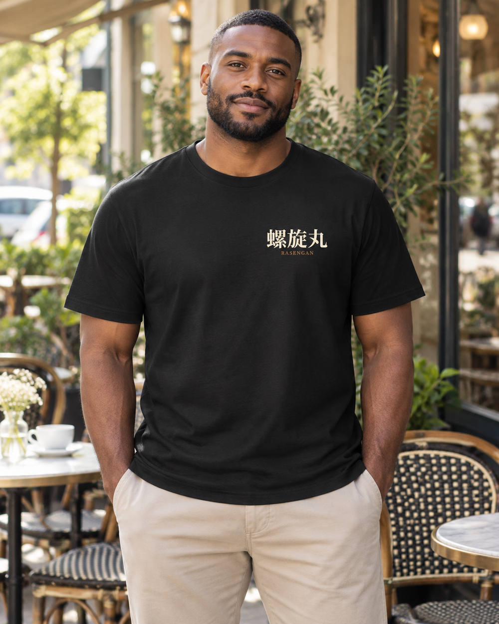 AI-generated lifestyle mockup of Spiral Will Quiet Edition Kanji Anime Soft Tee in black on an adult model