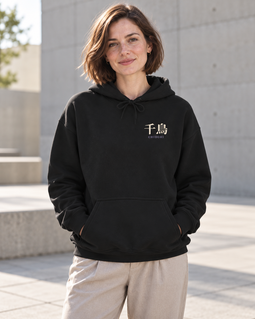 AI-generated lifestyle mockup of Storm Heir Kanji Anime Hoodie in black on an adult model