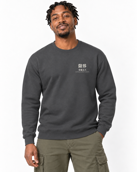 Surpass Your Limits Kanji Crewneck Sweatshirt in Charcoal — studio front lifestyle — front view — original model cast