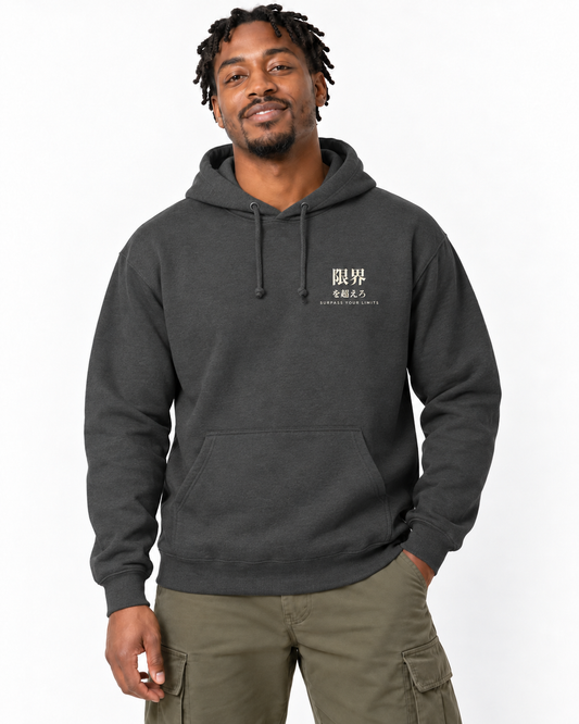Surpass Your Limits Kanji Hoodie in Dark Heather — studio front lifestyle — front view — original model cast