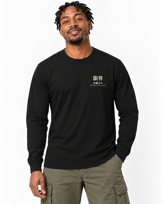Surpass Your Limits Kanji Long Sleeve Tee in Black — studio front lifestyle — front view — original model cast