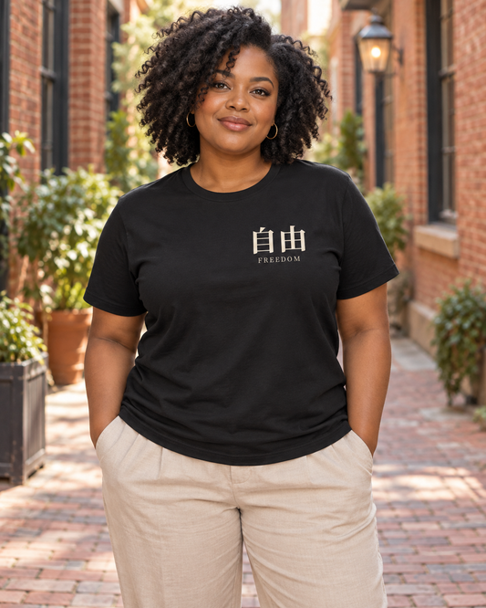 AI-generated lifestyle mockup of Survey Issue Kanji Anime Soft Tee in black on an adult model
