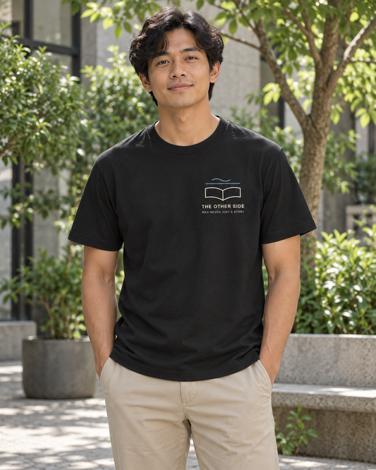 AI-generated lifestyle mockup of The Other Side Minimalist Anime Soft Tee in black on an adult model