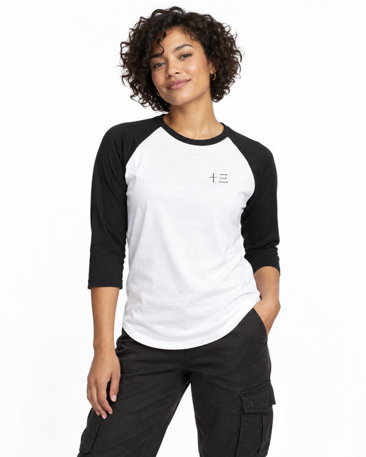 Thirteen Captain Kanji Baseball Tee in White/Black — studio front lifestyle; AI styling mockup