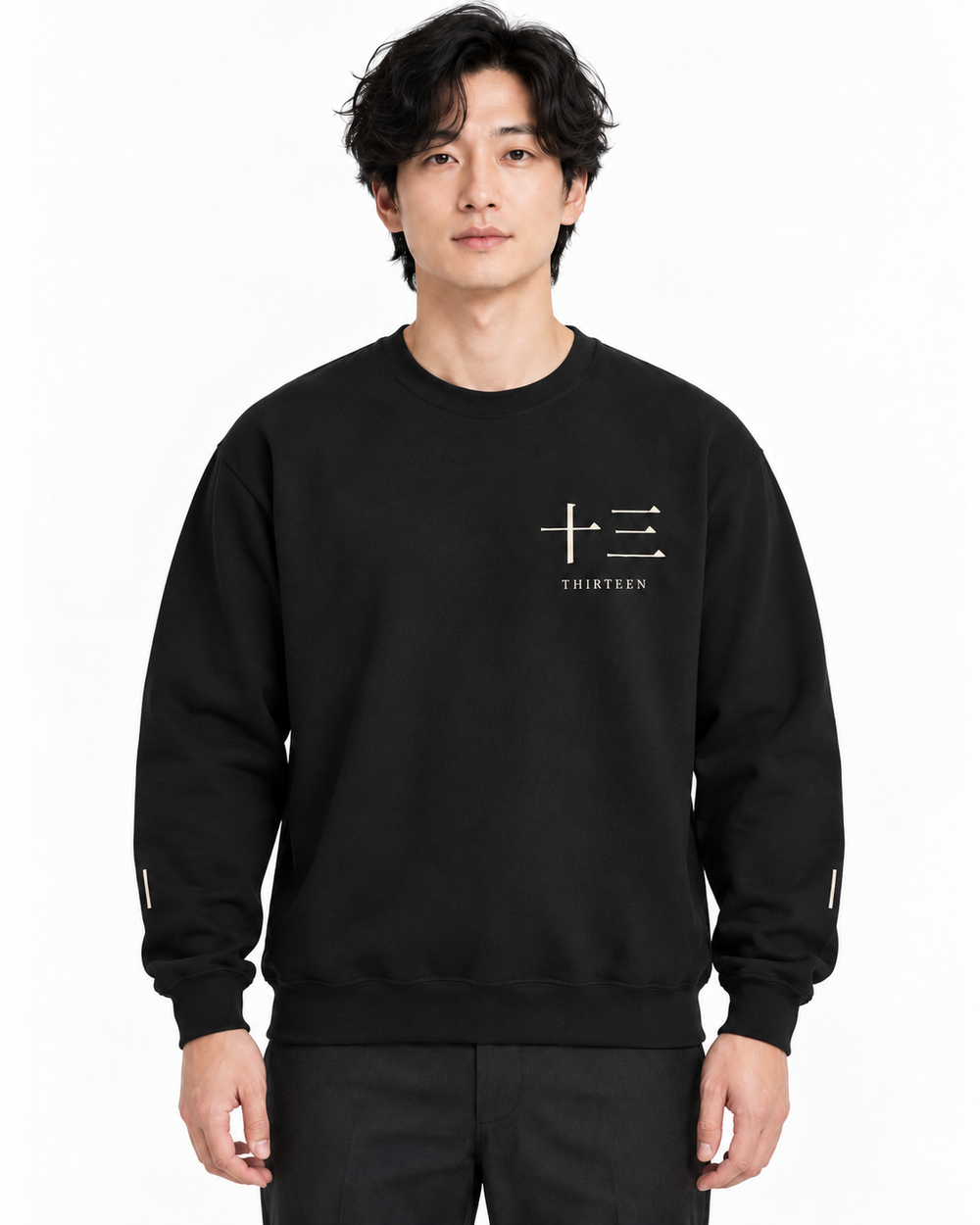 Thirteen Captain Kanji Crewneck Sweatshirt in Black — studio lifestyle front view