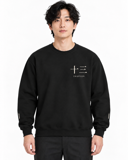 Thirteen Captain Kanji Crewneck Sweatshirt in Black — studio lifestyle front view