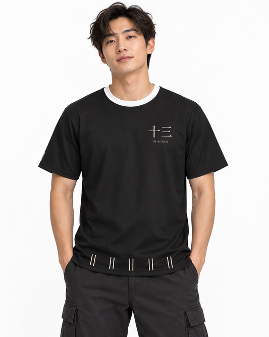 Thirteen Captain Full Stripe Edition in Black stitching — studio front lifestyle, white collar and five hem stripe pairs; AI styling mockup
