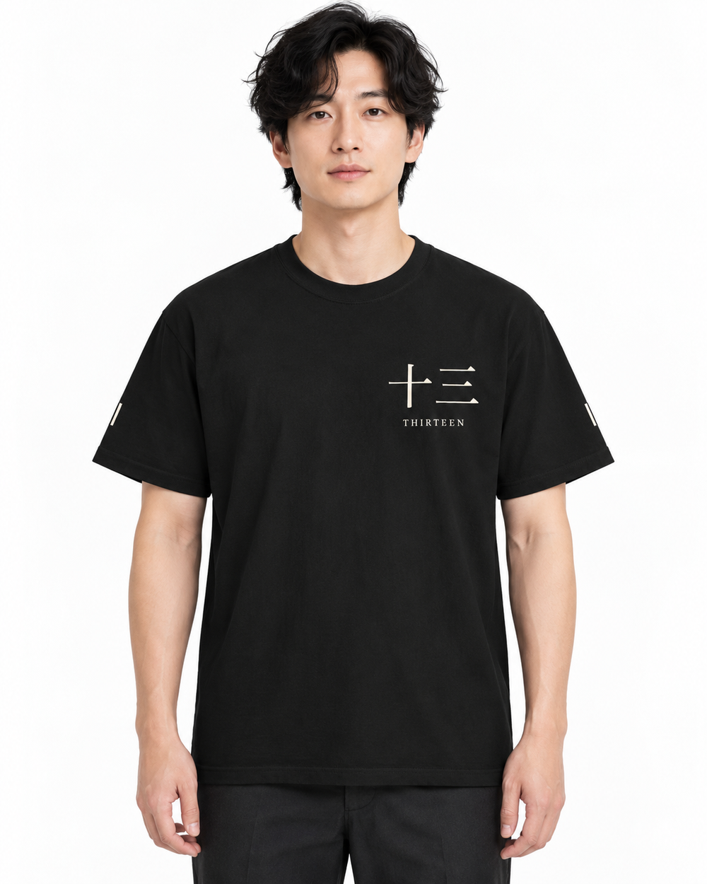 Thirteen Captain heavyweight tee in black — studio front lifestyle, white background