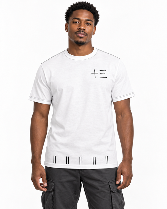 Thirteen Captain White Full Stripe Edition in Black stitching — studio front lifestyle, white garment with five black hem stripe pairs; AI styling mockup
