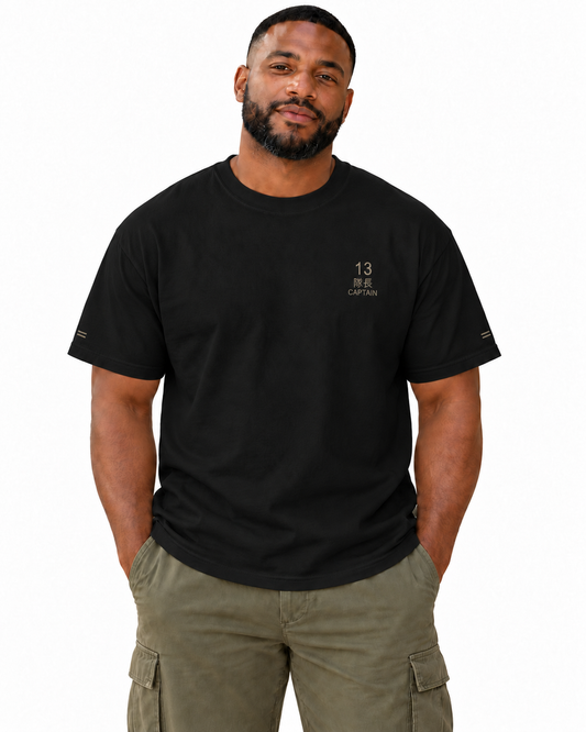 Thirteen Uniform Edge Edition Heavyweight Tee in Black — studio front lifestyle — front view