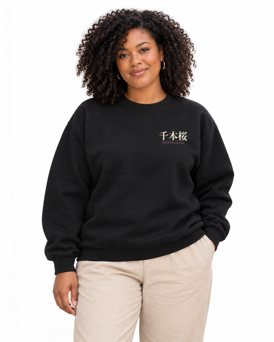 Thousand Blossoms Kanji Crewneck Sweatshirt in Black — studio lifestyle front view