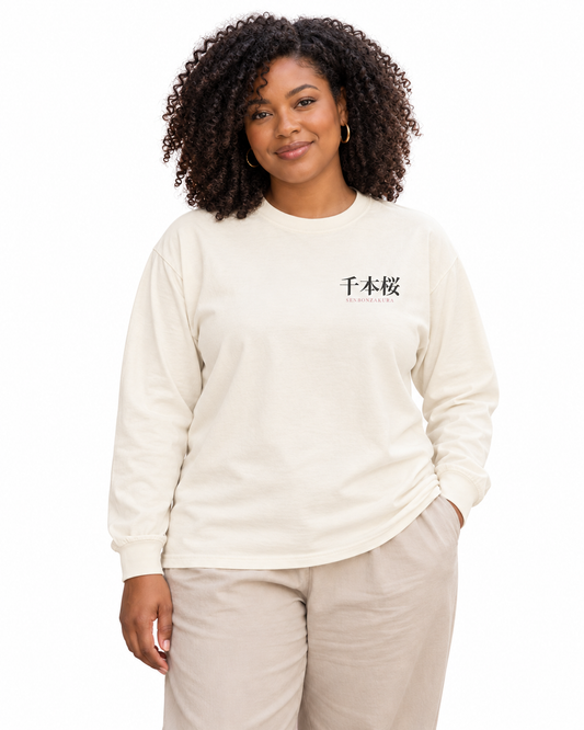 Thousand Blossoms Kanji Long Sleeve Tee in Ivory — studio lifestyle front view