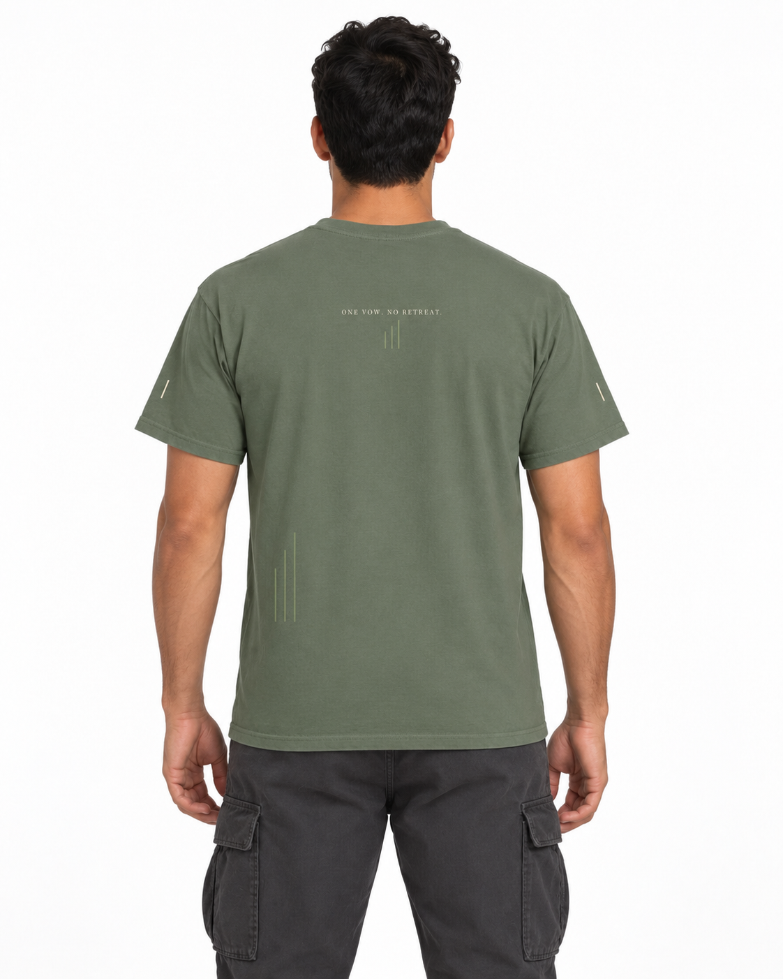 Threefold Edge Edition in Moss — studio back lifestyle — back view