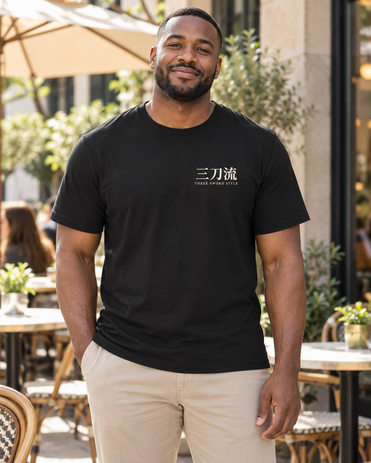 AI-generated lifestyle mockup of Threefold Kanji Anime Soft Tee in black on an adult model