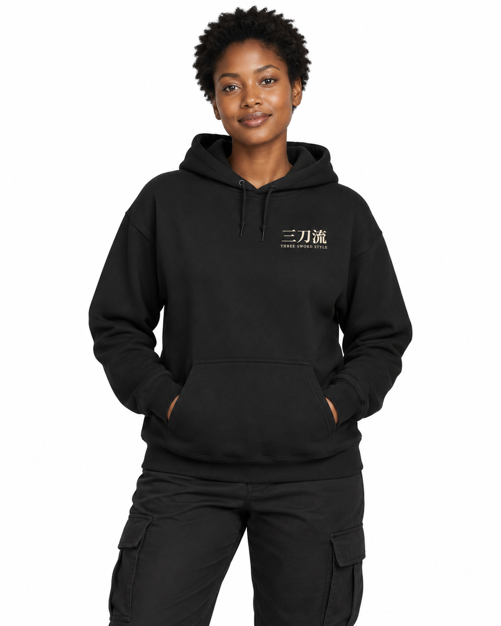 Threefold Kanji Hoodie in Black — studio front lifestyle, white background; AI styling mockup