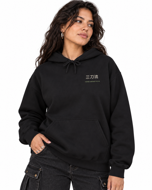 Threefold Vow Kanji Anime Hoodie in Black — studio front lifestyle, white background; AI styling mockup