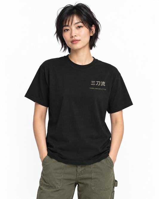 Threefold Vow Kanji Heavyweight Tee in Black — studio front lifestyle, white background; AI styling mockup
