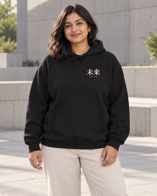 AI-generated lifestyle mockup of Time Capsule Kanji Anime Hoodie in black on an adult model