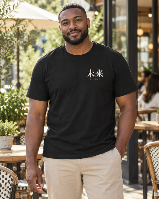 AI-generated lifestyle mockup of Time Capsule Kanji Anime Soft Tee in black on an adult model