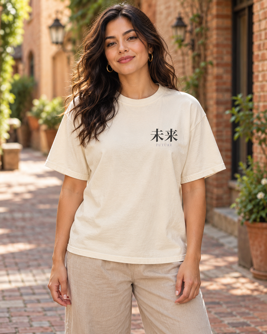 AI-generated lifestyle mockup of Time Capsule Kanji Anime Tee in ivory on an adult model