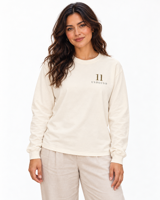 Unbound Eleven Minimalist Long Sleeve Tee in Ivory — studio lifestyle front view