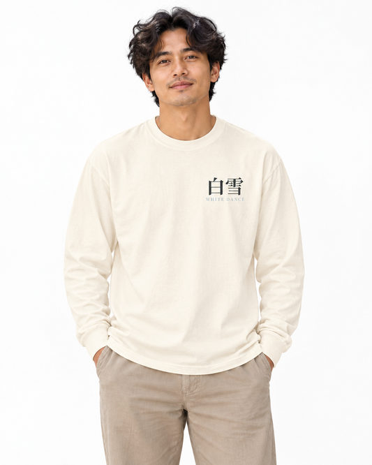 White Dance Kanji Long Sleeve Tee in Ivory — studio lifestyle front view