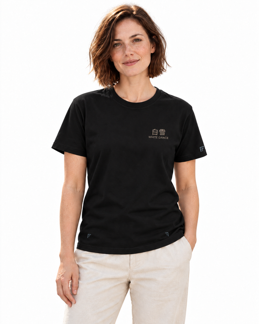 White Dance Edge Edition Heavyweight Tee in Black — studio front lifestyle — front view; AI styling mockup