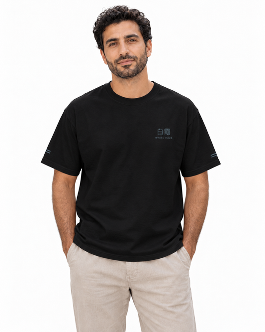 White Haze Edge Edition Heavyweight Tee in Black — studio front lifestyle — front view