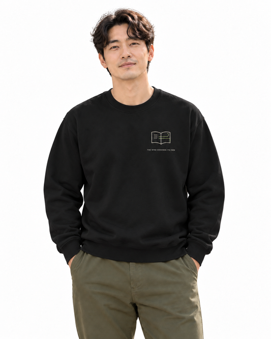 Wind Chooses Minimalist Crewneck Sweatshirt in Black — studio front lifestyle — front view