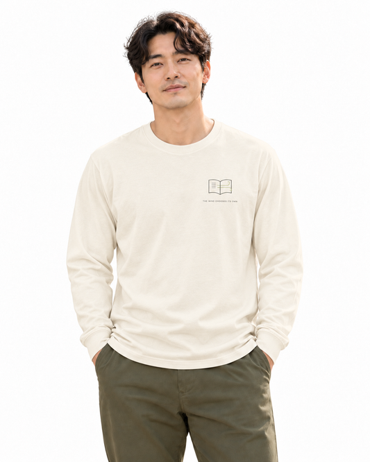 Wind Chooses Minimalist Long Sleeve Tee in Ivory — studio front lifestyle — front view