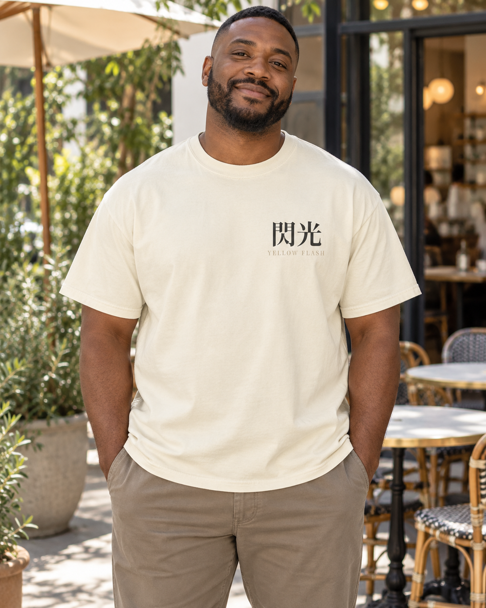 AI-generated lifestyle mockup of Yellow Flash Kanji Anime Tee in ivory on an adult model