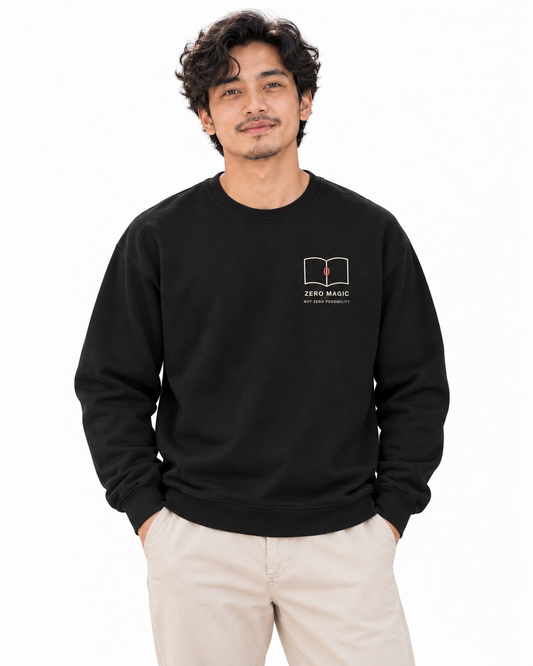 Zero Magic Minimalist Crewneck Sweatshirt in Black — studio front lifestyle — front view