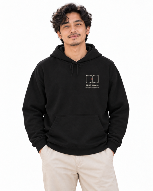Zero Magic Minimalist Hoodie in Black — studio front lifestyle — front view
