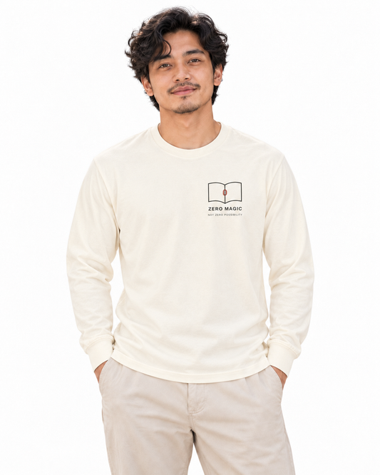Zero Magic Minimalist Long Sleeve Tee in Ivory — studio front lifestyle — front view