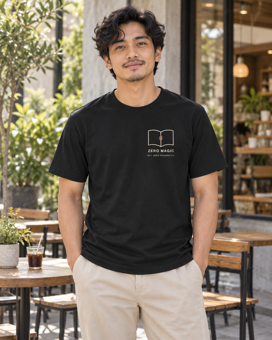 AI-generated lifestyle mockup of Zero Magic Minimalist Anime Soft Tee in black on an adult model
